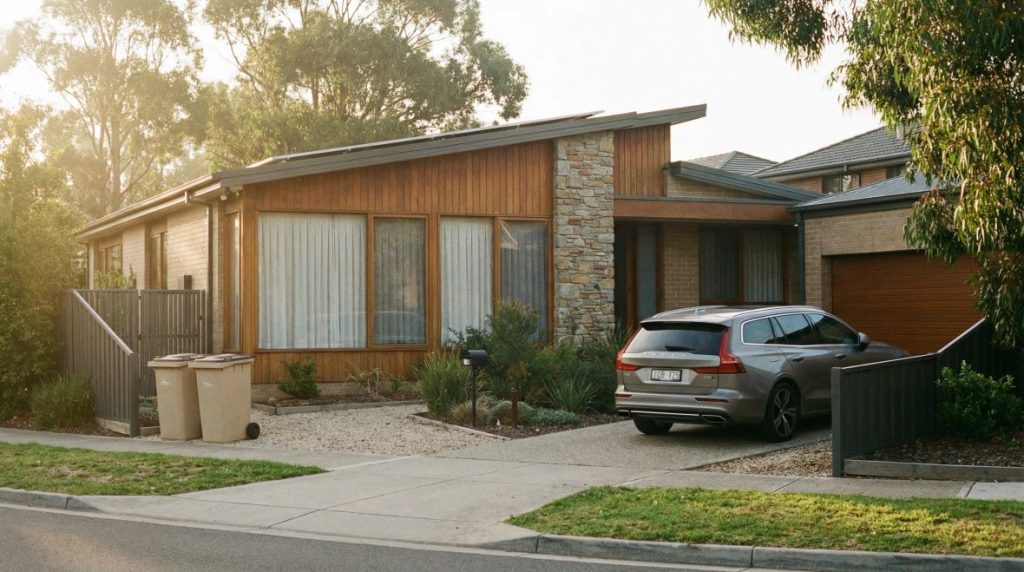 Residential home set up to appear occupied, using lighting, movement cues, and everyday signs to deter unwanted attention.