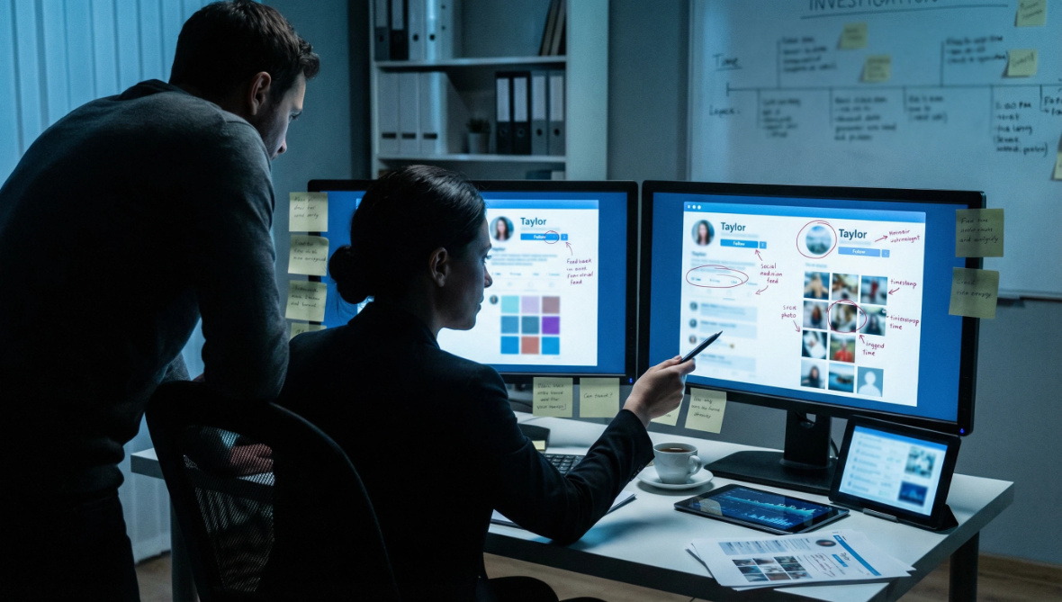 Private investigator analysing publicly available social media content to gather lawful, court-ready evidence.