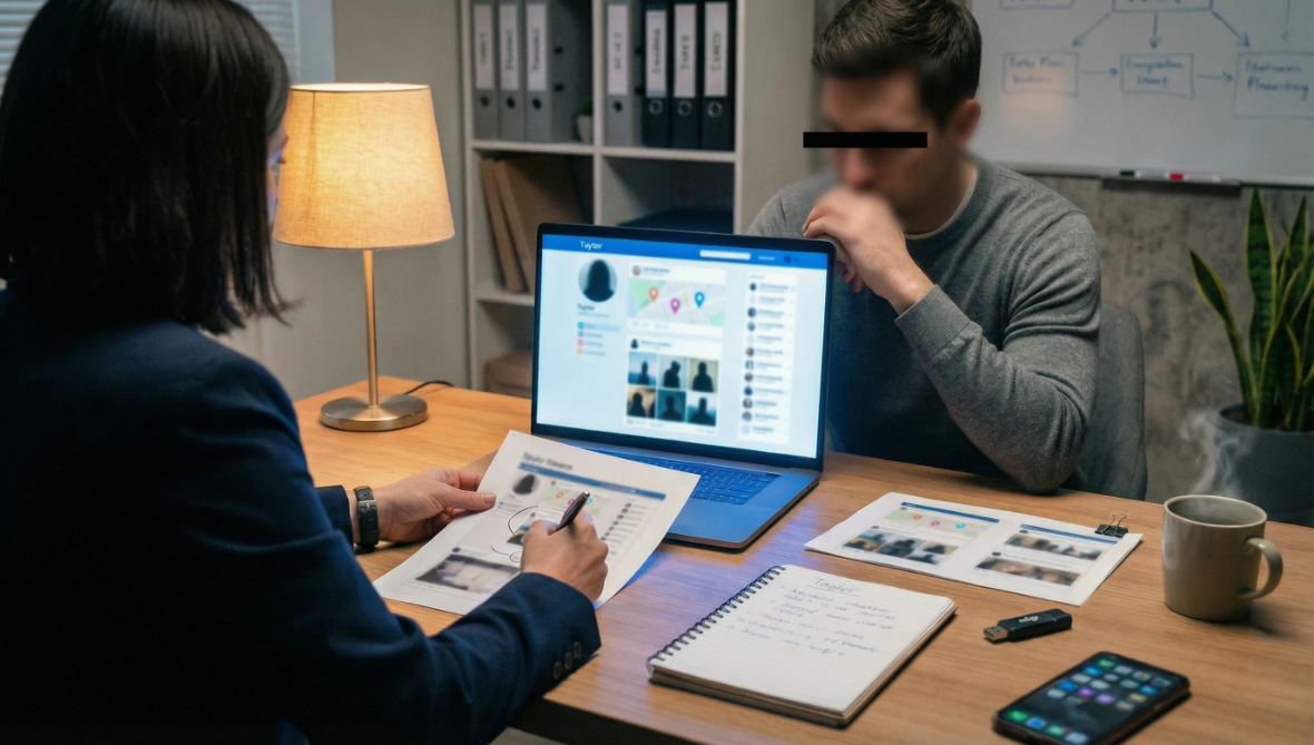 Private investigator analysing publicly available social media content to gather lawful, court-ready evidence.