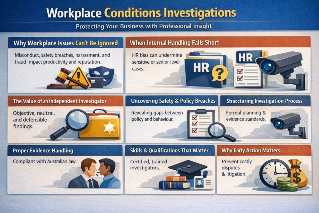 Conducting Workplace Condition Investigations Professionally. Professional workplace condition investigations conducted lawfully to assess safety, compliance, and employee working environments.